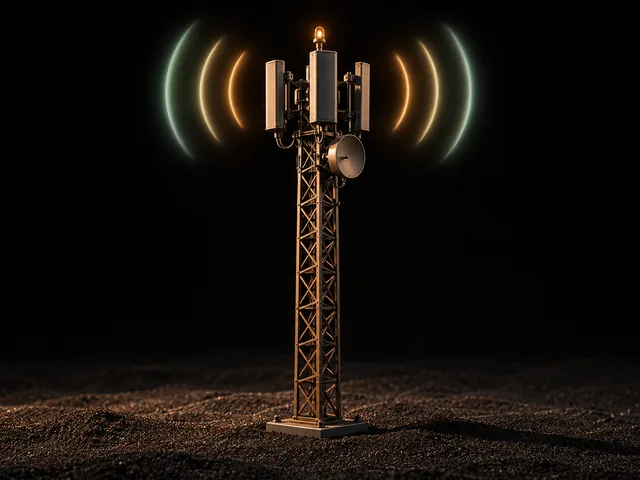 Antena de telecomunicaciones de bronce emitiendo señal sobre arena volcánica.