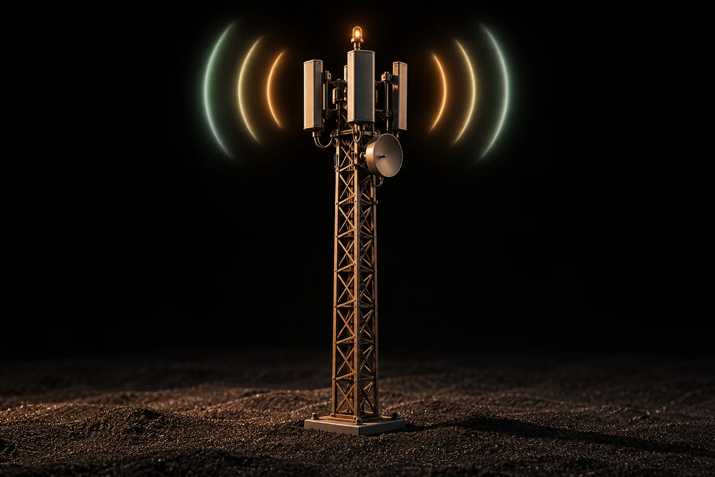 Antena de telecomunicaciones de bronce emitiendo señal sobre arena volcánica.