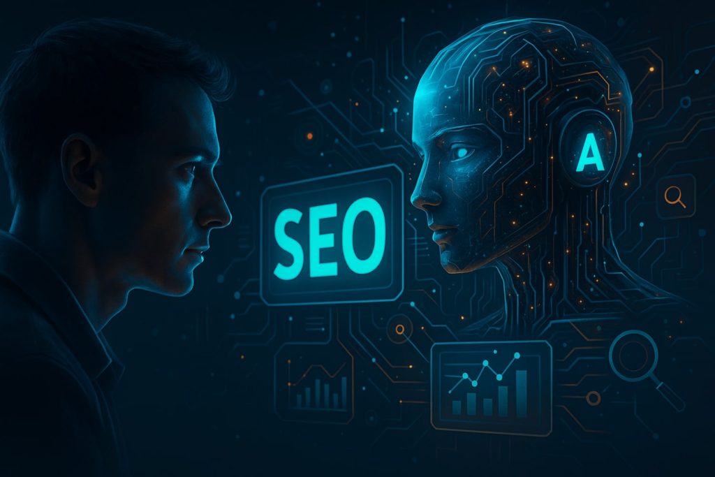 Ilustración futurista de inteligencia artificial aplicada al SEO.